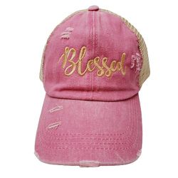Blessed Embroidered Pony Tail Distressed Mesh Trucker Hat Cap Pink