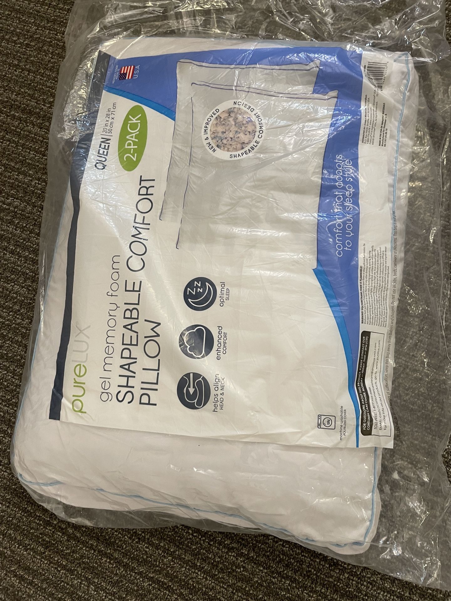 New PureLux Gel Memory Foam Shapeable comfort pillow Queen 1pack