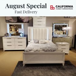 Modern White Queen LED Bed Frame with Storage