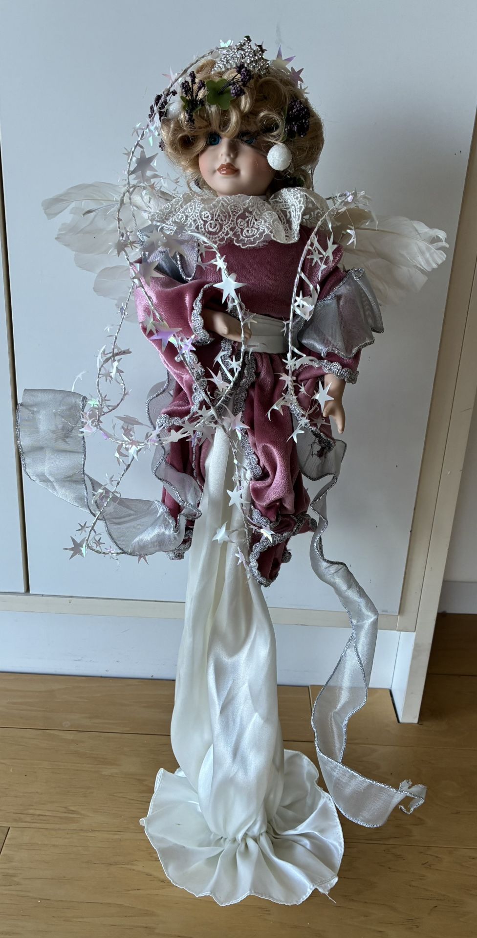 Porcelain Angel Doll w/Wings, 24”Tall, Purple & White Satin Dress,Stars,Tiara,Headband.