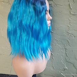 Short Blue Wavy Wig