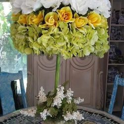 Large PEACH, Yellow, White Topiary Floral Tree.