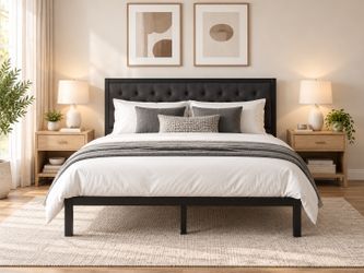 Queen Size Bed Frame with Upholstered Headboard – Modern Black Platform Bed