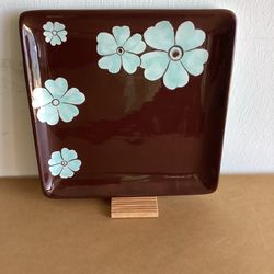 Ceramic Brown Square Platter with Flower Pattern