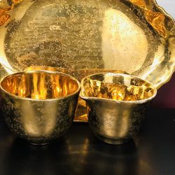 Vintage Golden Tray With Sugar And Cream Decorated With With Real Gold 
