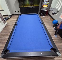 Lowe's Pool Table with Leather Cover and 6 Pool Sticks etc