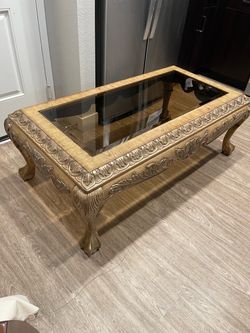 Ornate Gold Wood Coffee Table with Glass Top
