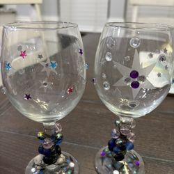 Set Of 2 Bejeweled  Wine Glasses
