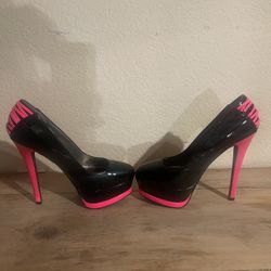 Hot Pink And Black Women Heels 
