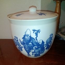 Vintage Chinese Blue & White Rice Ginger Jar Pot With Lid