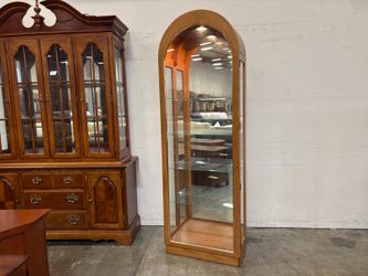PHILIP REINISCH Vintage Arched Wooden Curio Cabinet with Glass Shelves and Side Entry