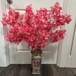 Vintage Asian Famille Rose Square Vase with Pink Cherry Blossoms