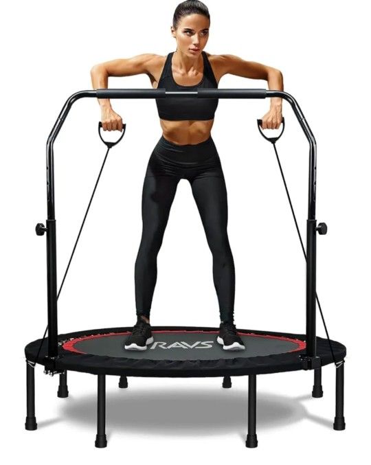 RAVS Mini Trampoline for Kids Adults 40"/48" Foldable Fitness Rebounder Kids Trampoline with 5 Levels Height Adjustable Handle Resistance Bands Indoor