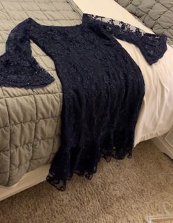 Handmade Navy Lace Evening Off-Shoulders Gown — Tailored, Size ~12–14 (Formal / Bridal Party)