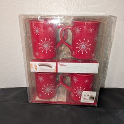 Better Homes Set of Four Red Ceramic Mugs with Snowflakes Christmas Mugs