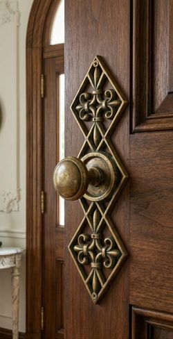 VINTAGE BRASS DOOR PLATE BACKPLATE ORNATE FLEUR-DE-LIS FILIGREE ESCUTCHEON VICTORIAN REVIVAL DECORATIVE HARDWARE