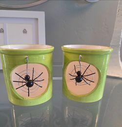 Green Black Spider tealight candle holders, Halloween decoration, 3.5" tall, 3.5" round