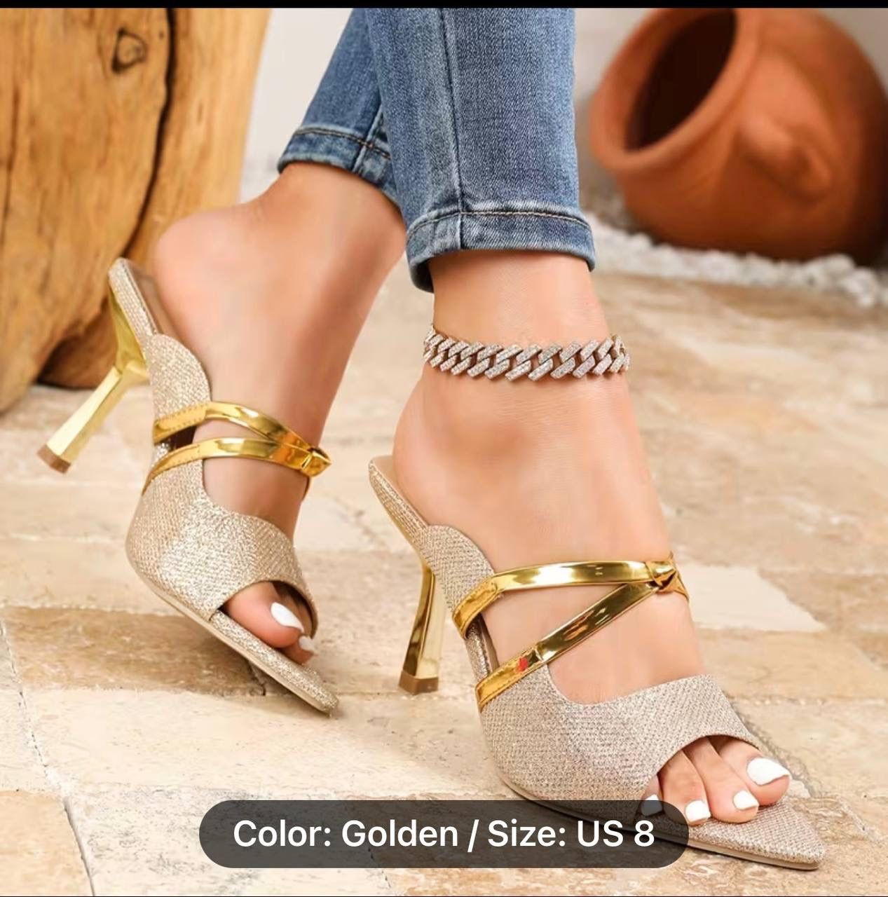 Women's Retro Glittery Pink High-Heel Sandals with Golden Cross Strap - Open-Toe Slip-On Stiletto Heels, Breathable Fabric Upper & Synthetic Cover Lin