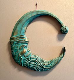 Solid Wood Hand Carved, Hand Painted Crescent Moon Man Wall Decor