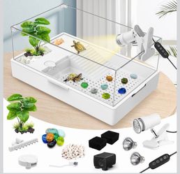 GOZILLA Small Turtle Tank Kit(Tank+Lamp+Filter), Acrylic Aquarium Turtle Starter Kit Habitat with Multi-Functional Areas for Small Reptiles. (Large Tw