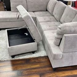 COSTCO Grey Chenille Sectional Couch And Ottoman