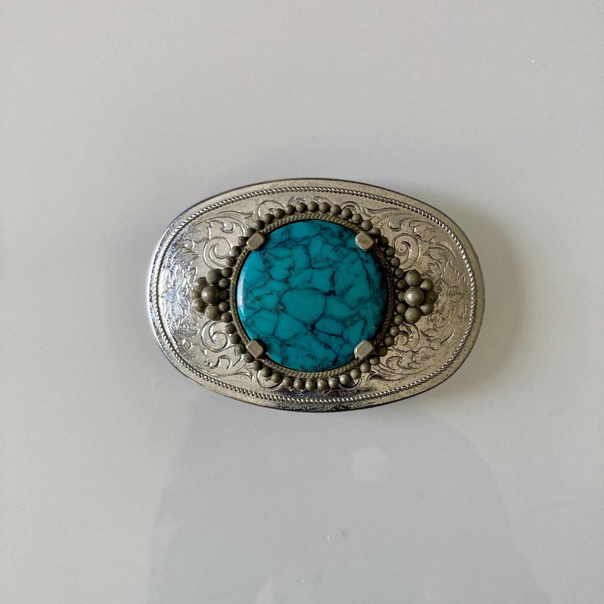 Belt Buckle: Dyed Turquoise-Style Stone, Western Scroll Pattern