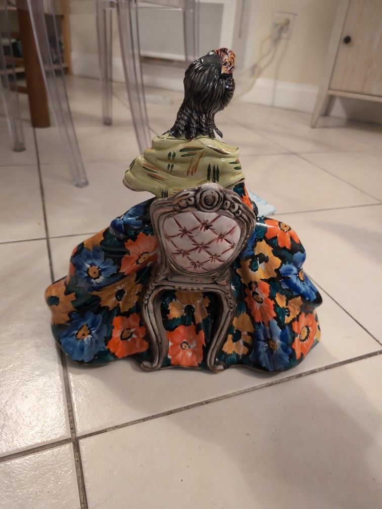 1930s Large Victorian Lady Figurine Sitting on Vanity Stool 15 Inches Tall and Wide