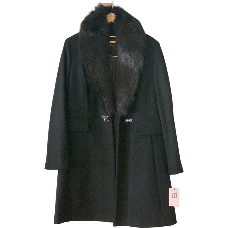 NWTs Ivanka Trump Label Wool Coat Faux Fur Collar, Black, Size 14.