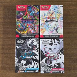 Pokemon Cards Scarlet and Violet Black Bolt, White Flare, Prismatic Evolutions, Mega Evolution Phantasmal Flames Booster Bundles
