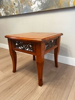 Vintage Solid Wood Maple Oak Side Table With Ornate Leaf Metal Inserts and Flared Legs