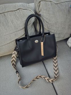 Brand New Rae Dunn  With Tag Tote Purse Black Vegan Leather with Removeable Chevron Strap