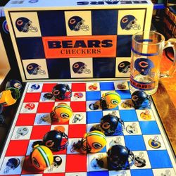 NFL. RARE/VINTAGE, (1993) CHICAGO BEARS: (2)items. Pre-owned, as is.  Checkers Set Helmets Collectables, Glass mug. Firm.