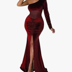 Women One Shoulder Velvet Dress Ruched Bodycon Maxi Cocktail Party Holiday Dress Formal Evening Gowns with Slit Burgundy L