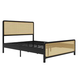Queen Size LED Bed Frame with Metal Mesh Rattan Headboard/Footboard, Boho Platform Bed with LED Lights & Strong Metal Slat Support, No Box Spring Need