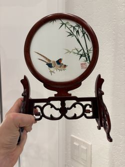 Rosewood & Glass Asian Chinese Table Art.  Signed. Embroidered Silk Bird On Both Sides. Swivels & Rotates. Bought In China. Reduced To $25 Firm. 