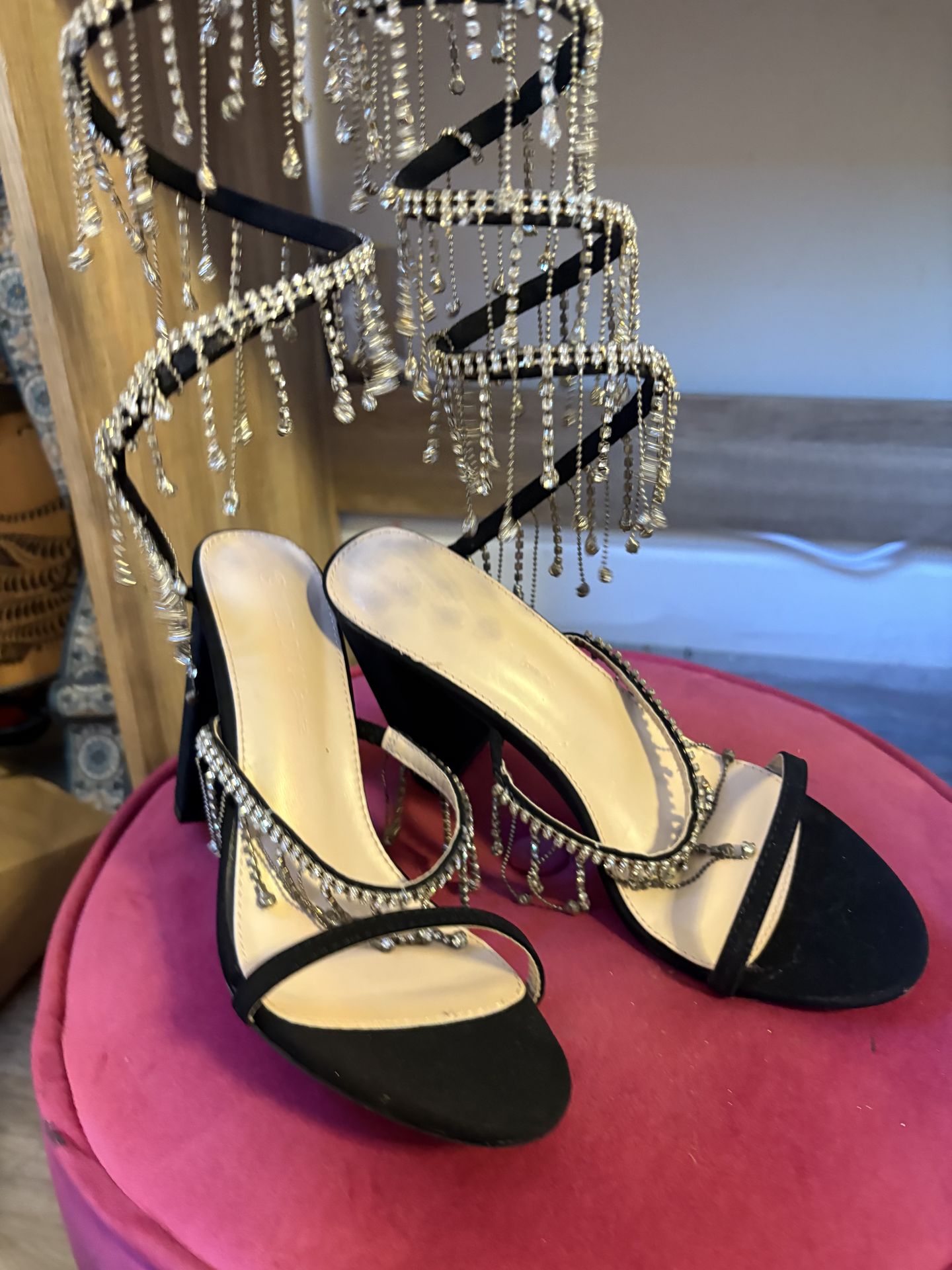 size 8 black heels with draping crystals