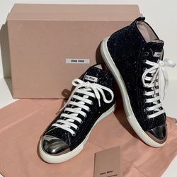 Miu Miu Black Glitter Metal Toe High Top Sneakers Size 38 / 8 US
