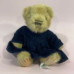 Small Vintage Style Girl Teddy Bear Wearing Blue Corduroy Dress Stuffed Bear 9” 