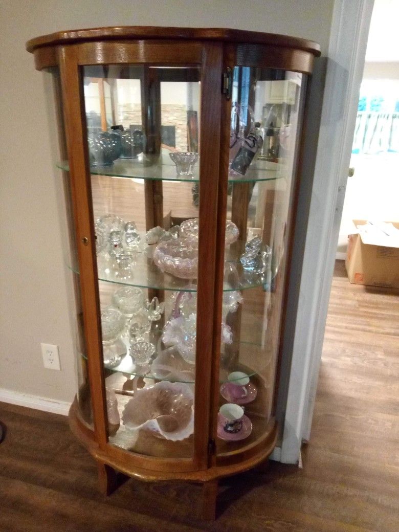 Oak Curved Glass Curio Cabinet