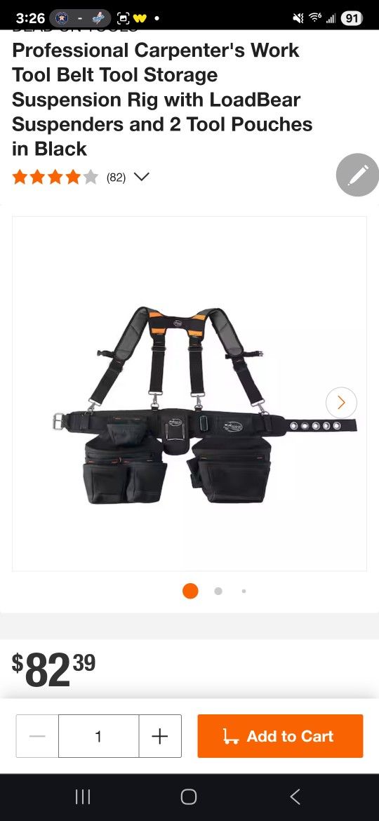 Professional Carpenter's Work Tool Belt Tool Storage Suspension Rig with LoadBear Suspenders and 2 Tool Pouches in Black
244