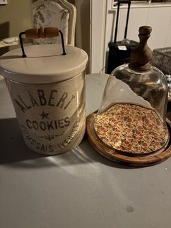 Charming Rustic Kitchen Set – Vintage Style Cookie Jar & Floral Glass Cloche / Cake Stand