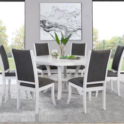 ** Round Wood Dining Table Set With 6 Chairs In Pearl White Finish** Super Sale! 