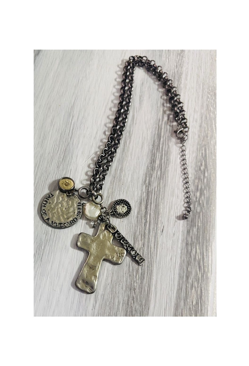 Cross Chunky Charm Necklace Christian Bible Versus Adj Chain Pewter & Gold Tones
