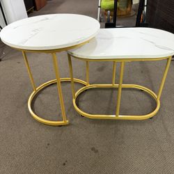 Set of 2 Round Side Tables, Faux Marble Round End Table,