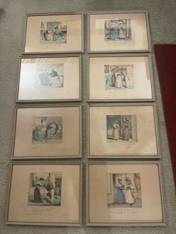 Set of 8 Antique French Lithograph Prints Framed