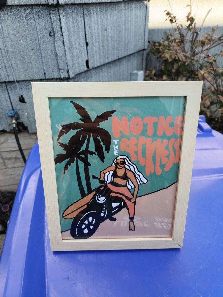 Framed Artwork Chick On Motorcycle 11 1/2 X 9