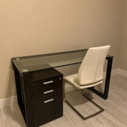 Modern Glass Top Desk With Rolling File Cabinet