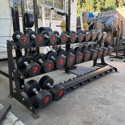 American Barbell Dumbbell Set With Rogue 3 Tier Rack For Sale Dumbbells Are Like New 