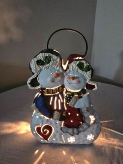 VTG Retired 3D Home Interiors Metal Snowmen Lighted Luminary Decor Lantern 10"