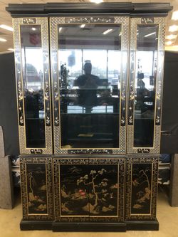 Vintage Asian Chinoiserie China Lighted Cabinet by American of Martinsville 78"H12"L48"W